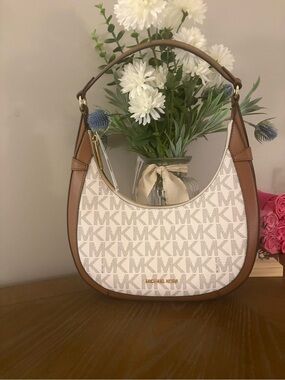 Michael Kors Cream and Brown MK Logo Shoulder Hobo Bag